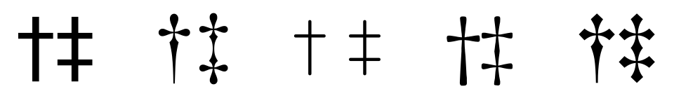 Dagger and double-dagger symbols in a variety of computer fonts, showing differences in style. Fonts from left to right: DejaVu Sans, Times New Roman, LTC Remington Typewriter, Garamond, and Old English Text MT