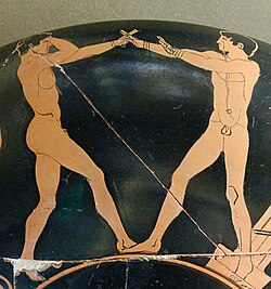 Boxer (left) using Dracula guard and boxer (right) using mummy guard on pottery dated to 470 BC