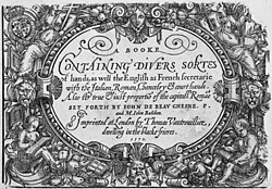 Title page to Vautrollier's first publication in England, A Booke containing divers sortes of hands (1570).