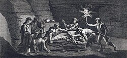 "Antediluvian monster", a Mosasaurus discovered in a Maastricht limestone quarry, 1770 (18th century engraving)
