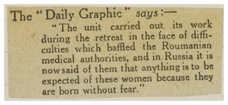 The Daily Graphic – press cutting 1916 praising the work of the SWH in Romania and Russia