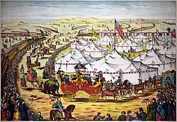 Circus parade around tents, in lithograph by Gibson & Co., 1874