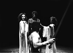 Rain Pryor as Joan of Arc, with Robin Skye, Zoe Trilling, and Tyrone Granderson Jones in Brad Mays' 2003 Los Angeles stage production of Joan, written by Linda Chambers