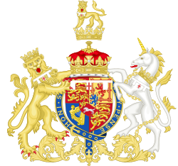 Frederick's coat of arms, consisting of the royal arms differenced by a label of three points, the second point charged with a red cross. The Hanoverian inescutcheon showed the arms of Osnabrück (argent, a wheel of six spokes gules) en surtout.[39]