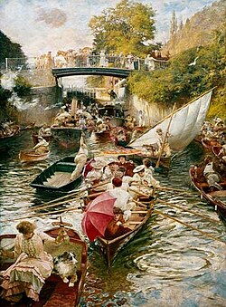 Boulter's Lock, Sunday Afternoon by Edward John Gregory shows skiffs among other craft coming out of the lock