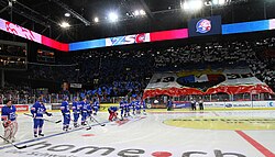 Players from the ZSC Lions line up prior to a game. The club plays in the Swiss National League A.