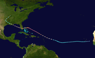 Map plotting the storm's track and intensity, according to the Saffir–Simpson scale