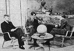 Attenborough (right) interviewing Vivian Fuchs (left) and Edmund Hillary (centre), 1956