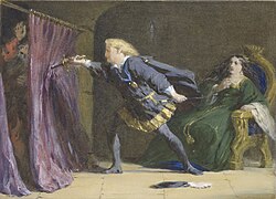Hamlet mistakenly stabs Polonius (Artist: Coke Smyth, 19th century).