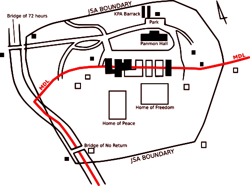 Map of the current Joint Security Area (JSA) showing the red Military Demarcation Line (MDL) and the buildings; solid black are occupied by North Korea (KPA) and the white are occupied by South Korea (ROK) and the United Nations (UN)