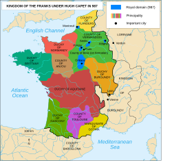 West Francia during the reign of Hugh Capet between 987 and 996 AD with the royal domain shown in blue
