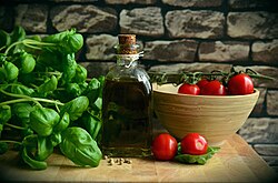 The Albanian cuisine from the Mediterranean, which is characterised by the use of fruits, vegetables and olive oil, contributes to the good nutrition of the country's population.[393]