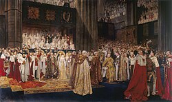 The Coronation of King Edward VII—The moment depicted is when the Archbishop of Canterbury, with arms lifted is about to place the Imperial Crown on the head of Edward VII, who is seated, clothed in robes of State, in the Coronation chair. Princes and peers in coronation robes raise their coronets and lead the shout "God Save the King".