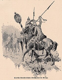 German dragoons armed with lances take down a border marker in 1914