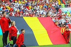 Volunteer flag bearers on the field prior to Belgium's (flag depicted) group stage match against Tunisia