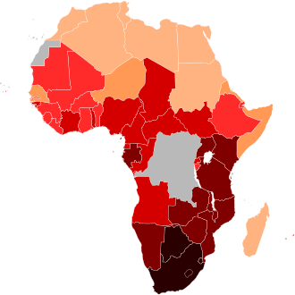 Prevalence of HIV/AIDS in Africa, total (% of population ages 15–49), in 2011 (World Bank) over 15% 5–15% 2–5% 1–2% 0.5–1% 0.1–0.5% not available