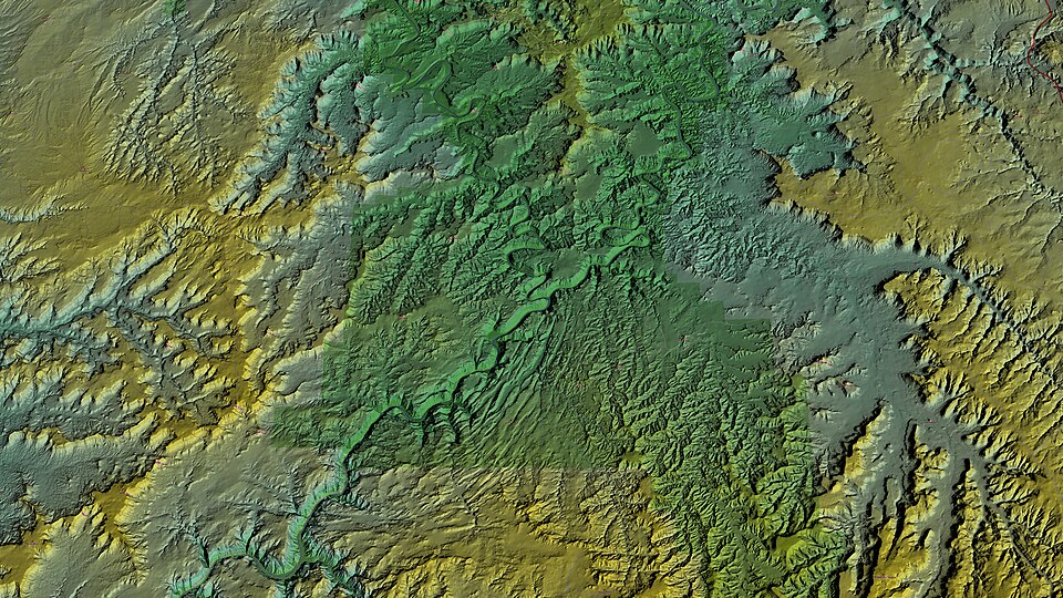 Image of the canyonlands generated using TruFlite and displays hues of green, blue, and yellow for elevation. - Martin D. Adamiker