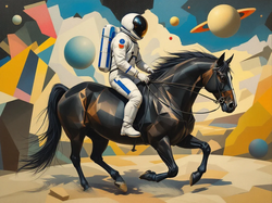 An image generated by Flux using the prompt an astronaut riding a horse, by Picasso and Juan Gris. Generative image models are adept at imitating the visual style of particular artists in their training set, prompting a backlash from some artists who object to having imitations of their style generated on a massive scale without their permission.