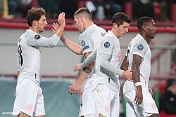 Lewandowski (second from right) with his Bayern Munich teammates during a Champions League match against Lokomotiv Moscow in 2020