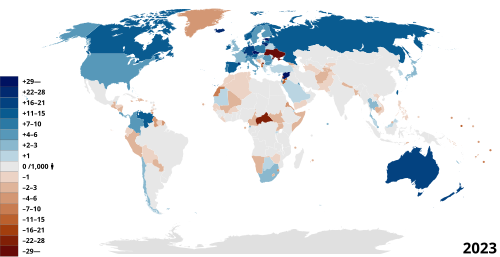 Net migration rates per 1,000 people in 2023. On net people travel from redder countries to bluer countries.