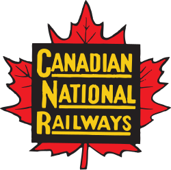 A 1954 logo of Canadian National, featuring the railway's name in a black box, surrounded by a red maple leaf.