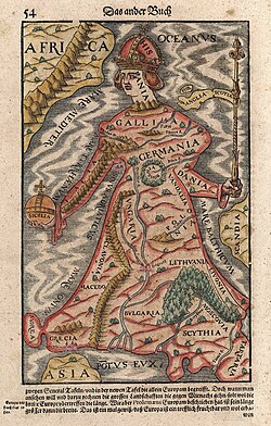 Europa Regina map (Sebastian Munster, 1570), excluding the greater part of Fennoscandia, but including Great Britain and Ireland, Bulgaria, Scythia, Moscovia and Tartaria; Sicily is clasped by Europe in the form of a globus cruciger.