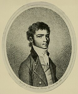 The earliest known portrait of Beethoven as an adult (age 29); engraving (c. 1801) by Johann Joseph Neidl after a now-lost portrait by Gandolph Ernst Stainhauser von Treuberg (c. 1800)[37]