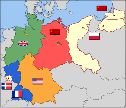 Occupation zone borders in Germany, early 1946. The territories east of the Oder–Neisse line, under Polish and Soviet administration/annexation, are shown in cream, as is the detached Saar Protectorate. Bremen was an American enclave within the British zone. Berlin was a four-power area within the Soviet zone.