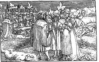Maximilian I paying attention to an execution instead of watching the betrothal of his son Philip the Handsome and Joanna of Castile. The top right corner shows Cain and Abel. Satire against Maximilian's legal reform, associated with imperial tyranny. Created on behalf of the councilors of Augsburg. Plate 89 of Von der Arztney bayder Glück by the Petrarcameister [de].[135]
