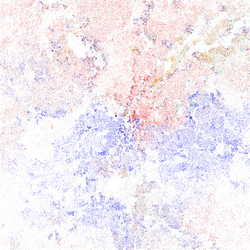 Map of racial distribution in Atlanta, 2010 U.S. census. Each dot is 25 people: ⬤ White ⬤ Black ⬤ Asian ⬤ Hispanic ⬤ Other