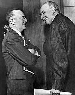 John Maynard Keynes (right) and Harry Dexter White at the inaugural meeting of the International Monetary Fund in 1946. They were instrumental in drafting the provisions of the post-war global financial system.