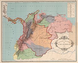 Map showing the shrinking territory of Gran Colombia from 1824 to 1890 (red line). Panama separated from Colombia in 1903.