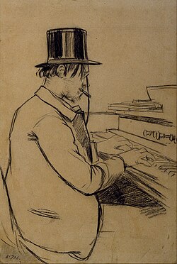 The composer Eric Satie playing the harmonium at Le Chat Noir (1880s)