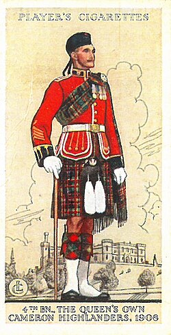 Player's cigarette card showing the Regimental Quartermaster Sergeant of the 4th Battalion, Queen's Own Cameron Highlanders of the Territorial Force in 1908.