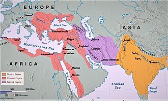 Map of the Gunpowder Empires, with the Mughal Empire in orange