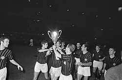 AC Milan celebrating after winning the European Cup Winners' Cup final in 1968