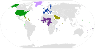 Worldwide use of the U.S. dollar: United States External adopters of the US dollar Currencies pegged to the US dollar Currencies pegged to the US dollar w/ narrow band Worldwide use of the euro: External adopters of the euro Currencies pegged to the euro Currencies pegged to the euro w/ narrow band