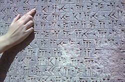 A section of the Old Persian part of the trilingual Behistun inscription. Other versions are in Babylonian and Elamite.