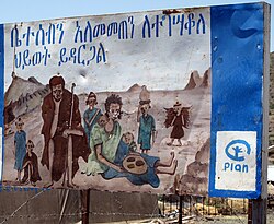 A family planning placard in Ethiopia. It shows some negative effects of having too many children.