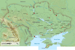 Topographic map of Ukraine with borders and cities