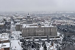 The Royal Palace of Madrid under snow, during the Filomena snow storm