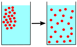 Some particles are dissolved in a glass of water. At first, the particles are all near one top corner of the glass. If the particles randomly move around ("diffuse") in the water, they eventually become distributed randomly and uniformly from an area of high concentration to an area of low, and organized (diffusion continues, but with no net flux).