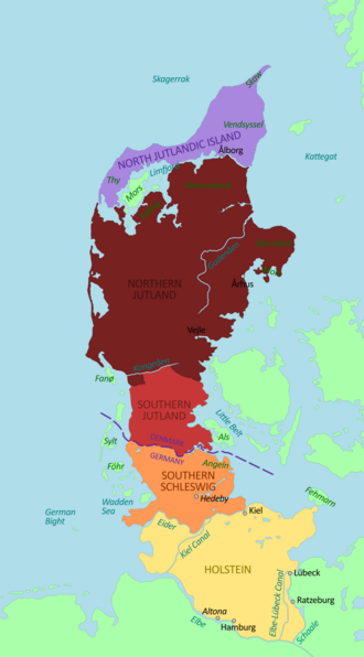 From north to south: The Danish part of Jutland in purple and terracotta, Schleswig in red and brown, and Holstein in lime yellow. The Schleswig-Holstein Question was about the status of those territories.