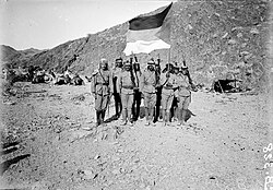 Soldiers of the Hashemite-led Arab Army holding the flag of the Great Arab Revolt against the Ottoman Empire in the Hejaz, 1916
