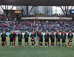 Portland Thorns players before a match, April 2015