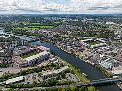 Aerial image showing the proximity of Meadow Lane (right) to the City Ground