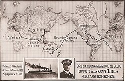 Map showing the route sailed by the RN Libia circumnavigating the world (1921-1923); and inset images feature a side view of the naval vessel and the ship's captain.