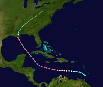 Map plotting the storm's track and intensity, according to the Saffir–Simpson scale