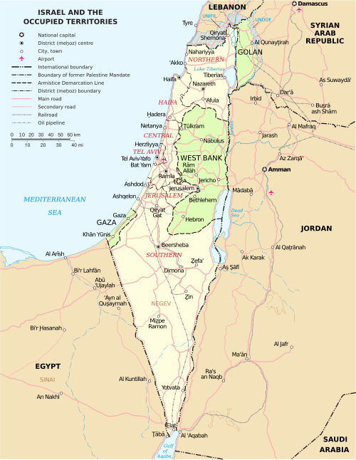 Map of Israel showing the West Bank, the Gaza Strip, and the Golan Heights