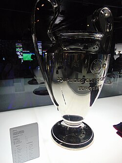 The UEFA Champions League trophy in FC Barcelona Museum.